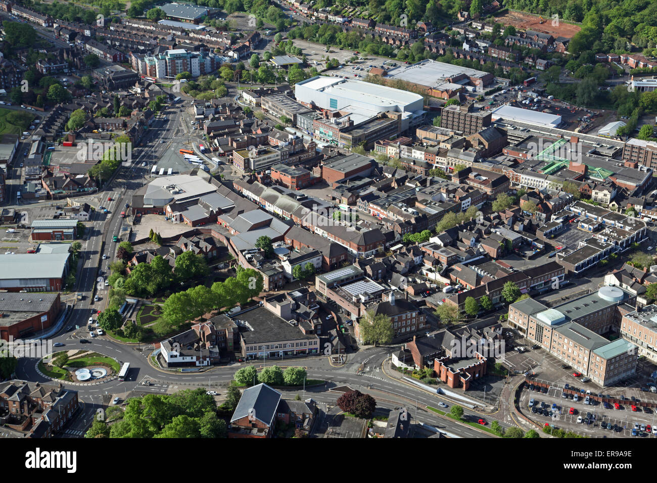 Vista aerea di Newcastle-under-Lyme Town Center, Staffordshire, Regno Unito Foto Stock