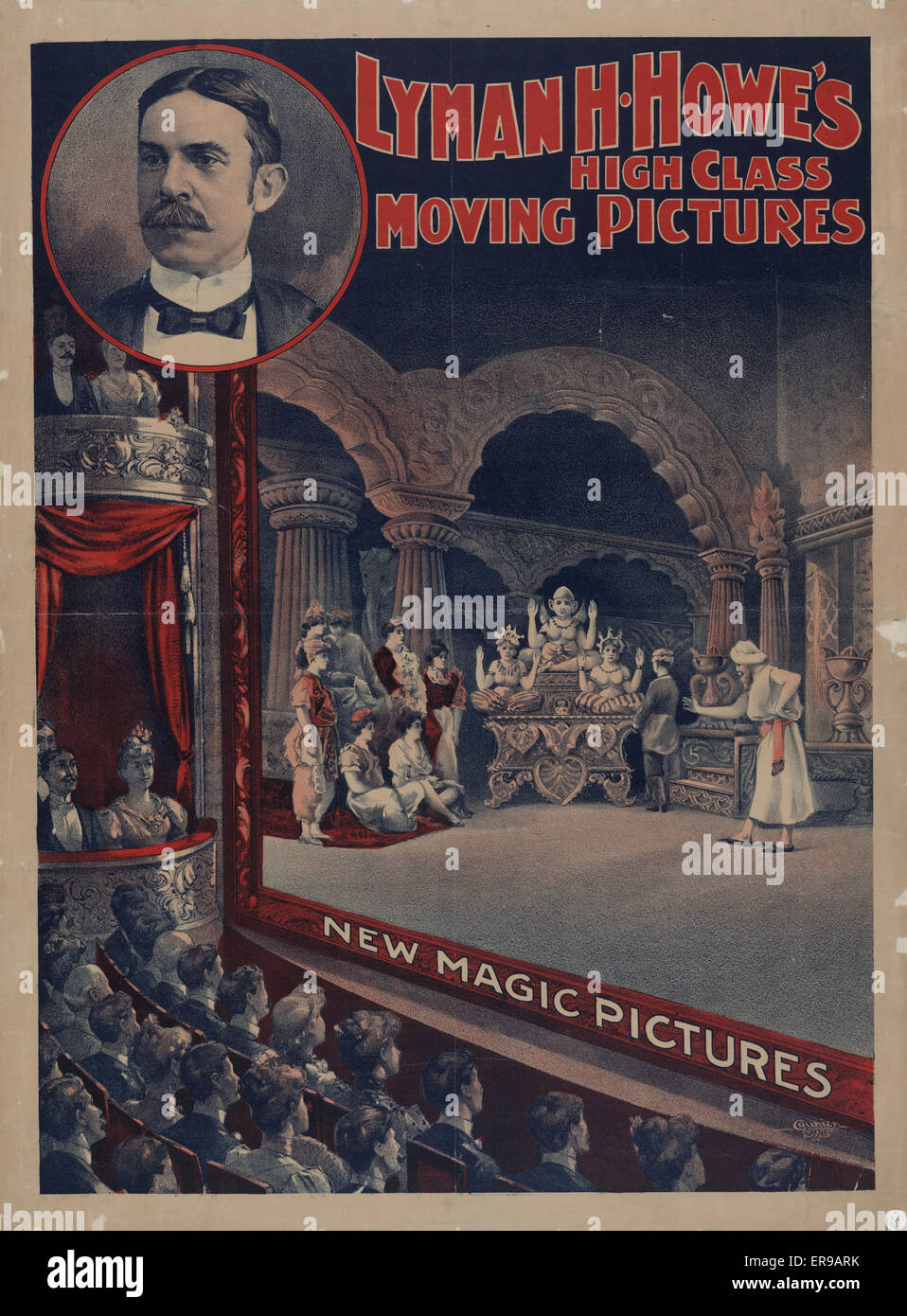 Lyman H. Howe di alta classe moving pictures - nuovo magic foto. Stampa mostra la gente a guardare le immagini in movimento in teatro, include inserto di testa e spalle ritratto di Lyman H. Howe. Data 1898, c1900 FEB. Foto Stock