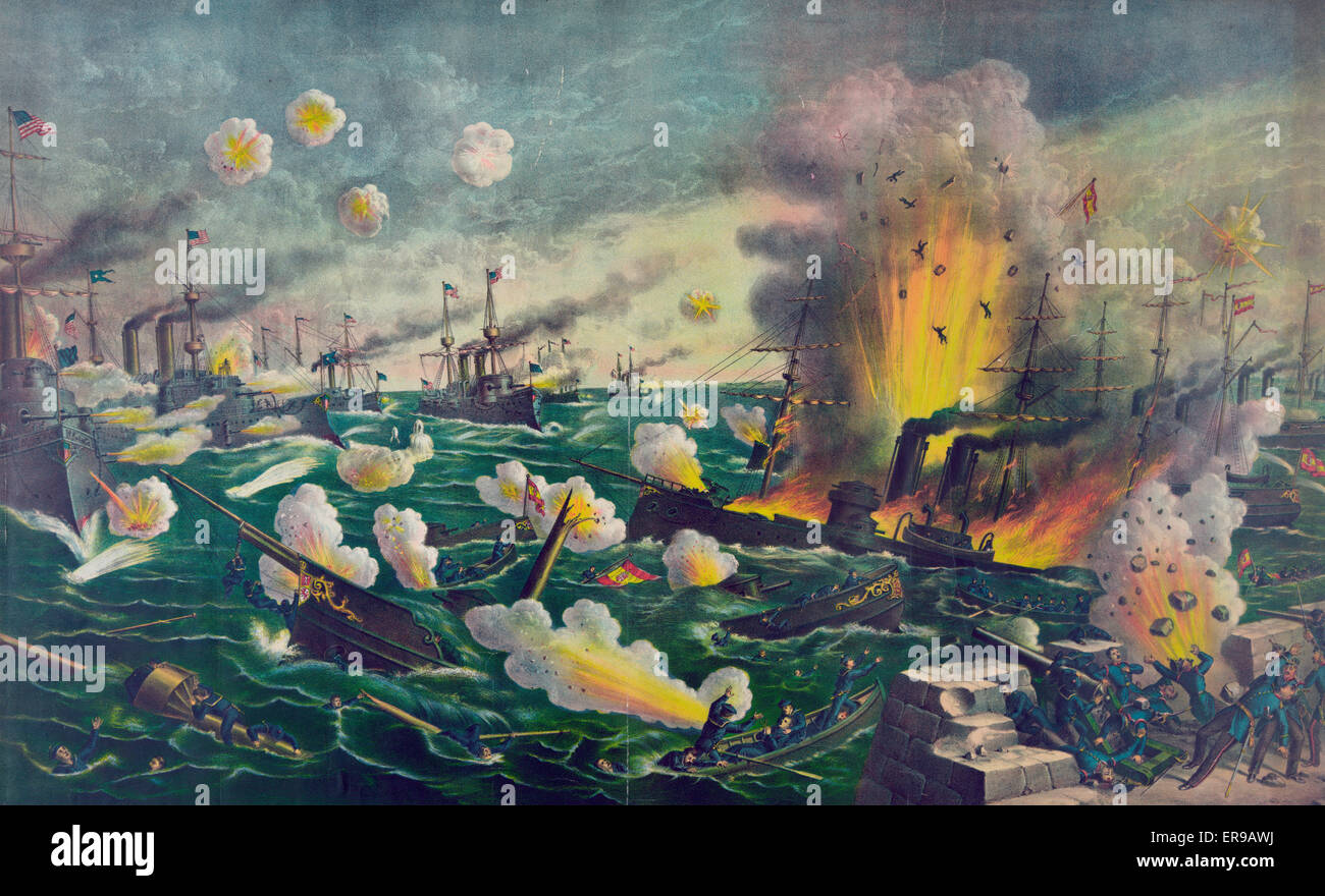 La grande battaglia navale al largo di Cavite (Baia di Manila), combatté il 1 maggio Foto Stock