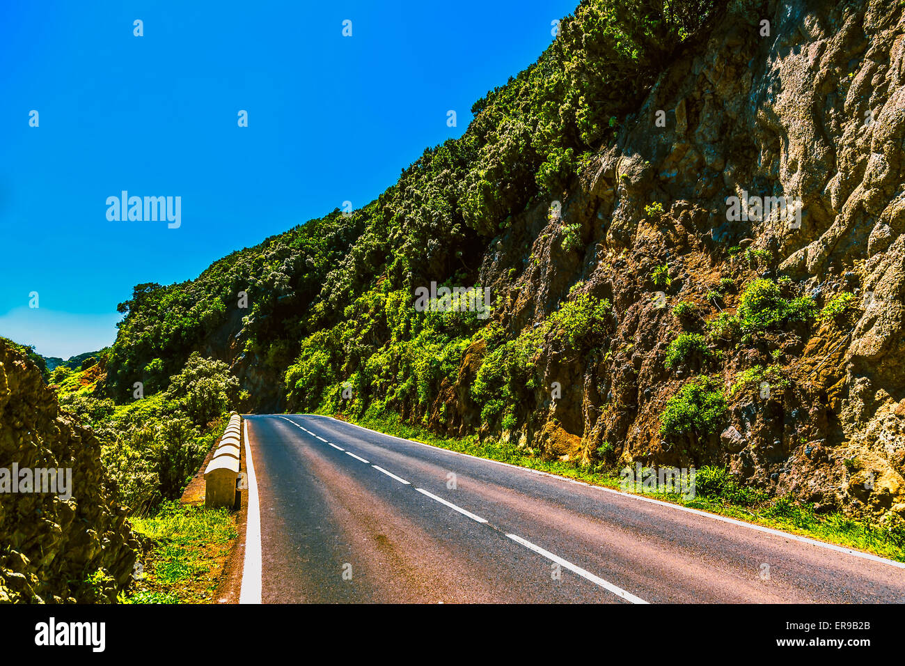 Strada asfaltata in montagne verdi con cielo blu in Tenerife Isole Canarie, Spagna a primavera o in estate Foto Stock