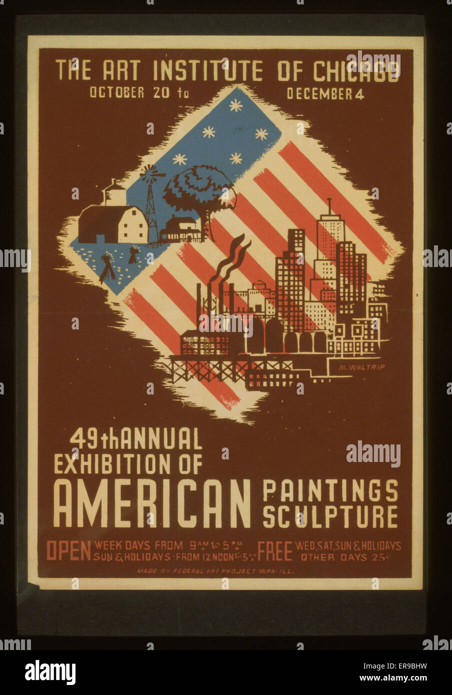 Quarantanovesima esposizione annuale di American dipinti sculture. Poster per la mostra d'arte che si terrà presso l'Art Institute of Chicago, 20 Ottobre al 4 dicembre che mostra le immagini di una città e una fattoria sovrapposto su di una bandiera americana. Data tra 1936 e 1 Foto Stock