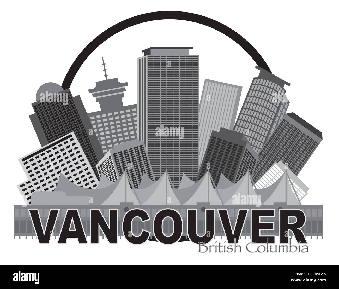 Vancouver British Columbia Canada skyline della città all'interno del cerchio illustrazione in scala di grigi Foto Stock