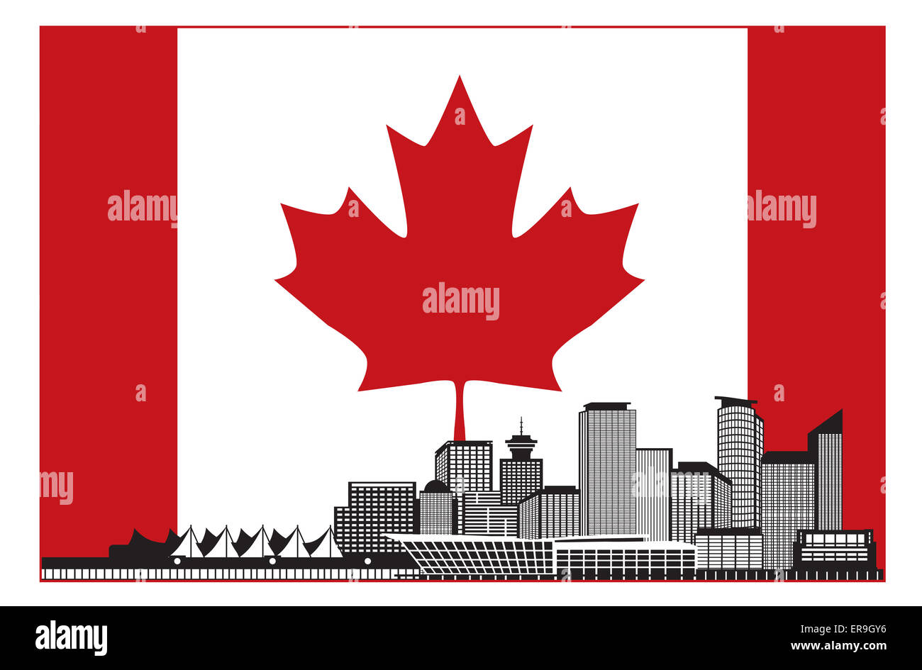 Vancouver British Columbia Canada skyline della città Silhouette in bandiera canadese illustrazione Foto Stock