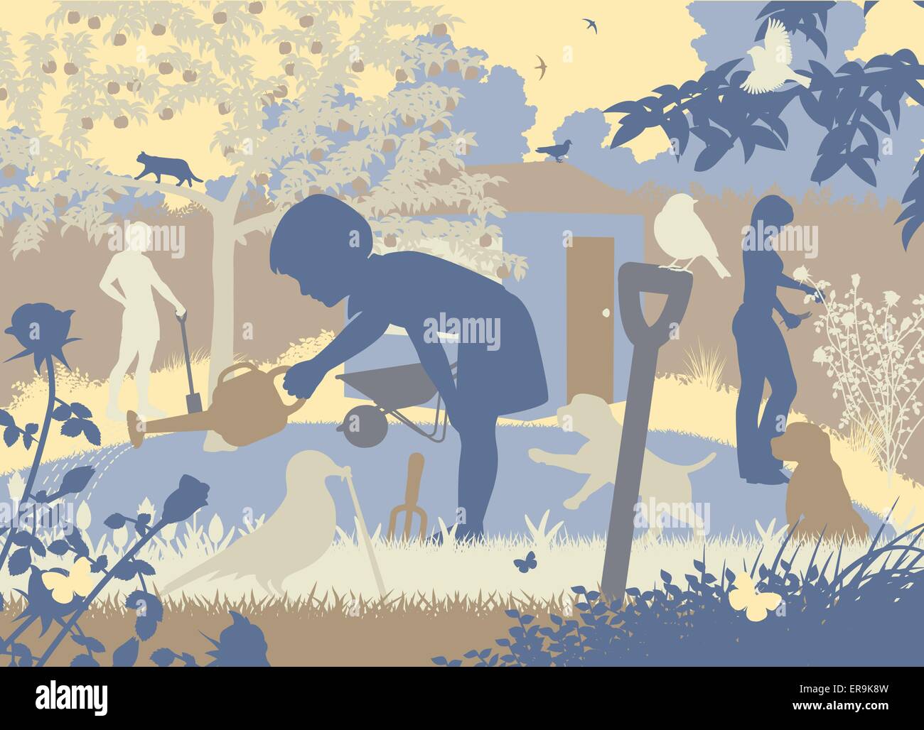 EPS8 vettoriale modificabile illustrazione di esclusione di una famiglia giardinaggio con due cuccioli e della fauna e flora selvatiche Illustrazione Vettoriale