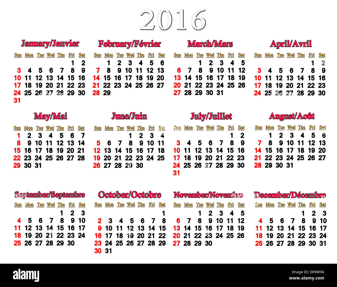 Calendario per il 2016 in francese e in inglese su sfondo bianco Foto Stock