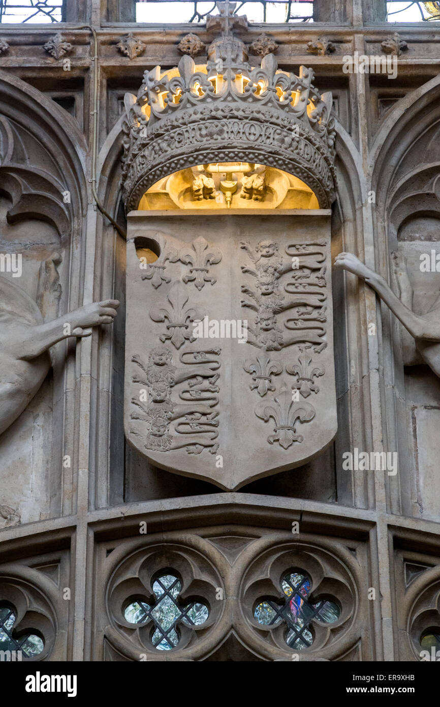 Regno Unito Inghilterra Cambridge. Cappella del King's College, il Royal Stemma di Inghilterra. Foto Stock
