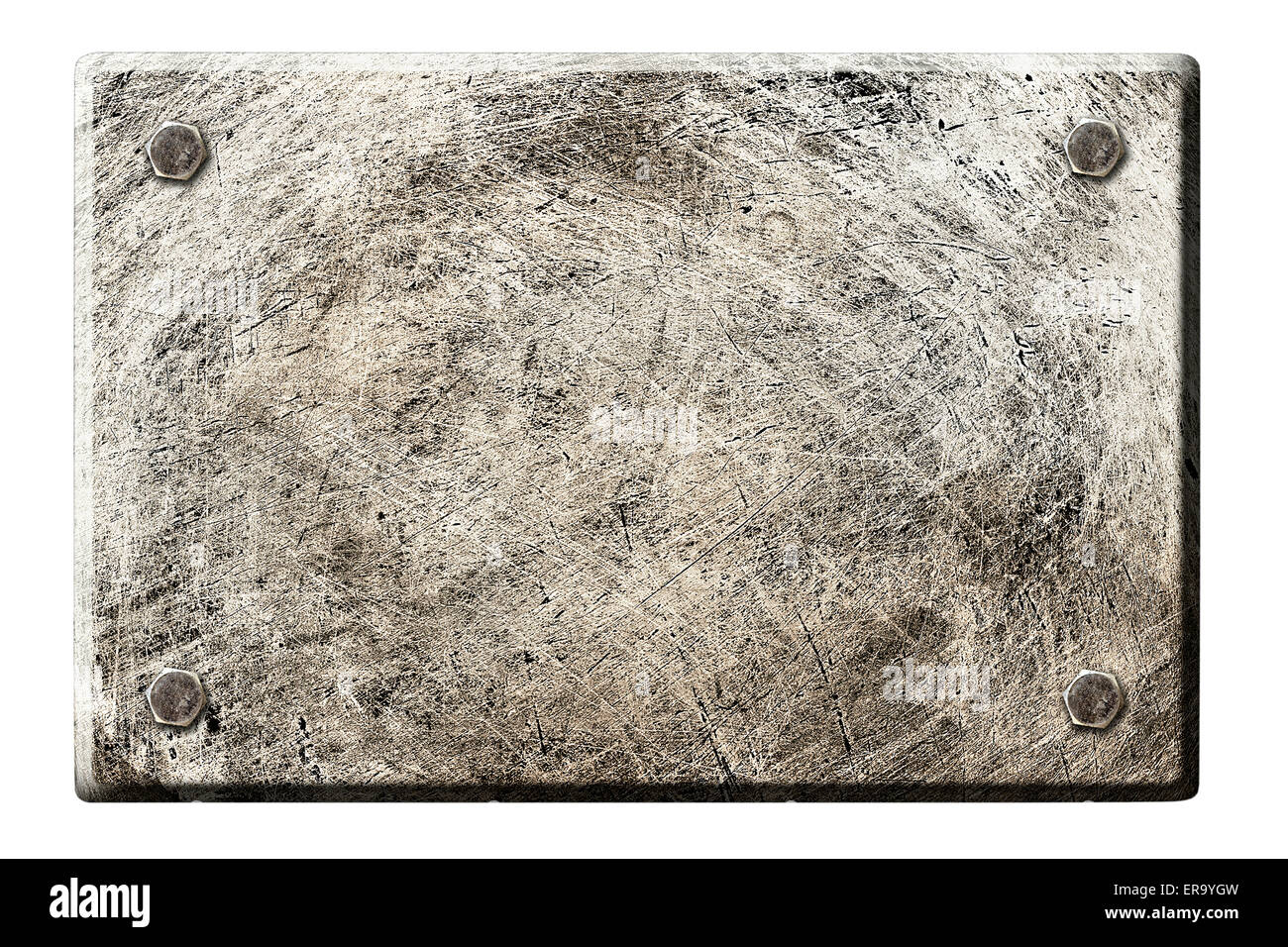 Vecchio graffiato piastra metallica fissata con quattro viti, isolato su sfondo bianco Foto Stock