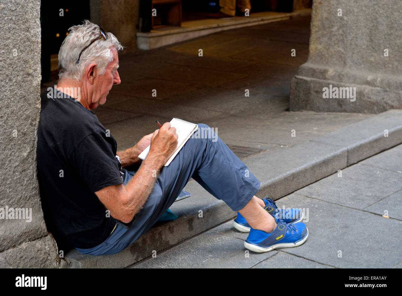 Schizzo turistica in Plaza Mayor, Madrid, Spagna Foto Stock
