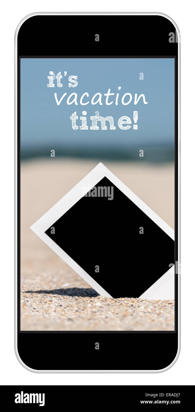 Blank retrò foto istantanea sulla spiaggia di sabbia in estate sullo smartphone Foto Stock