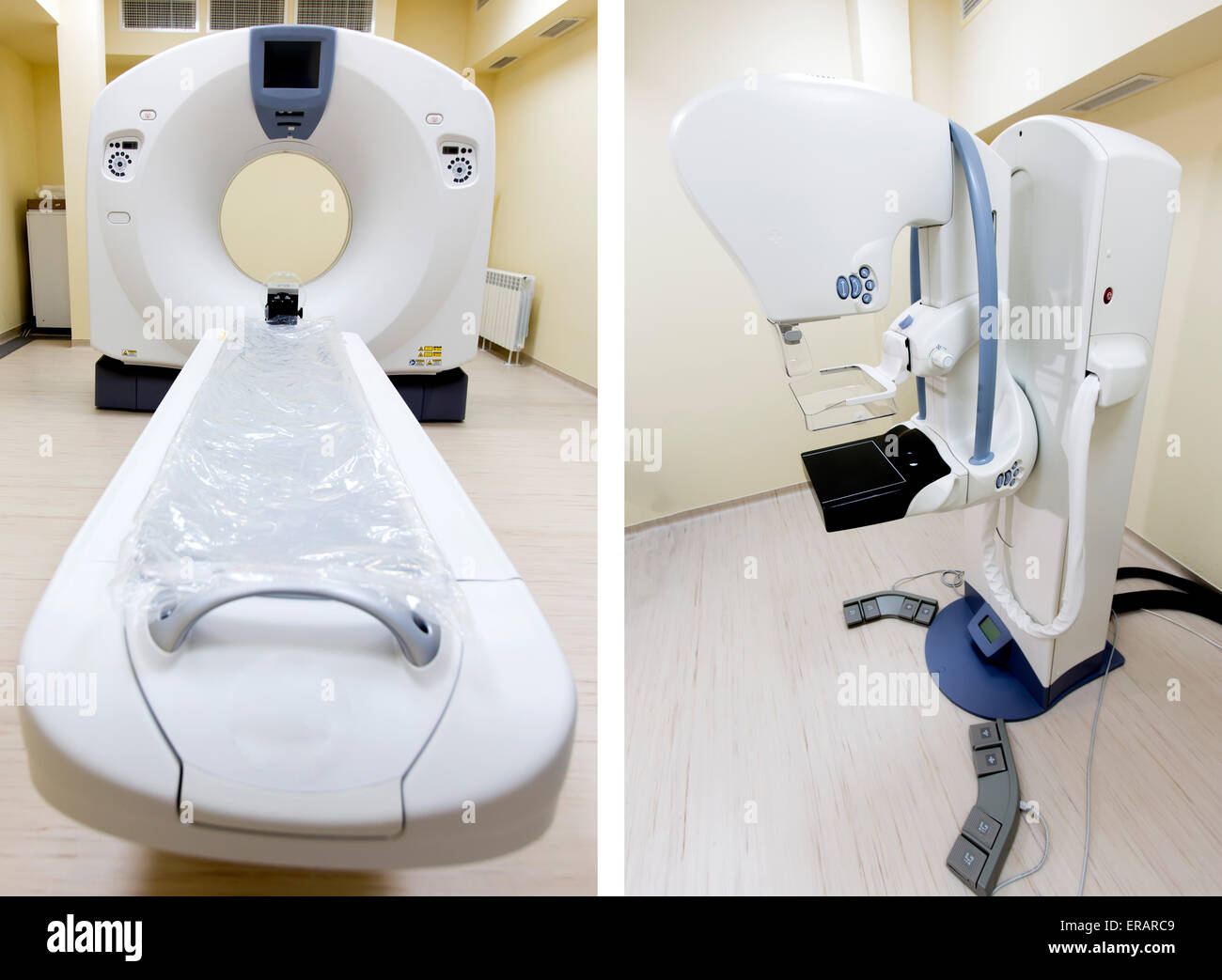 Photo collage su bianco medical scanner CT e acceleratore lineare in una clinica. Foto Stock