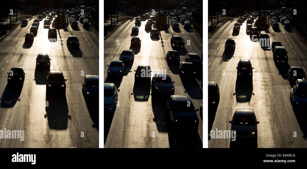 Photo collage di persone che viaggiano in auto in ora di punta in corrispondenza di uno dei più trafficati boulevard a Sofia. La capitale di Bulgaria ha la maggior parte dei Foto Stock