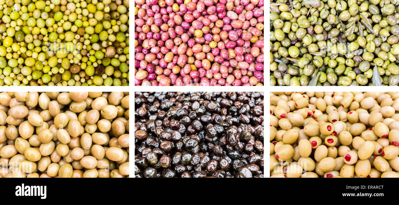Raccolta di foto di diverse colorate gustose olive. Foto Stock