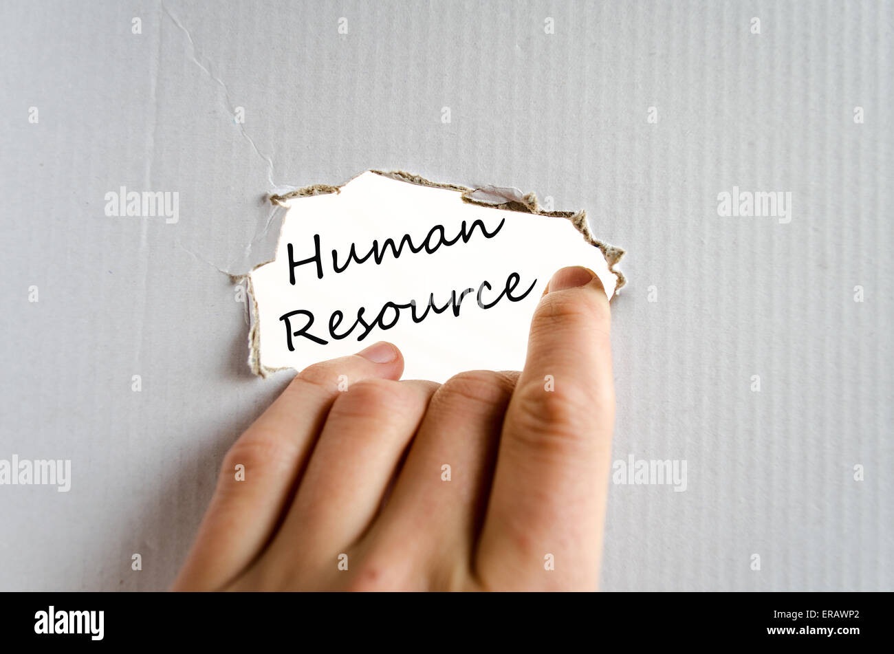 Mano e testo sullo sfondo di cartone delle risorse umane Foto Stock