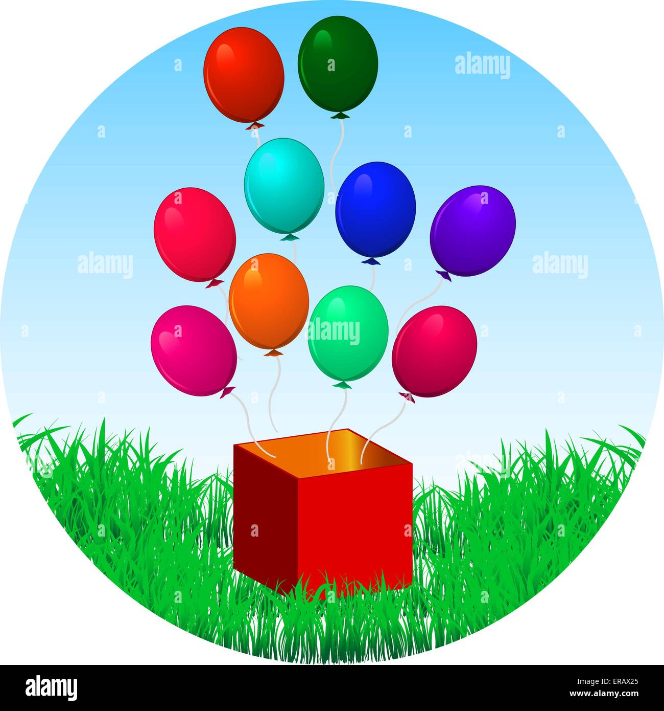 Divertimento palloncini volare fuori della scatola con un regalo su un prato verde Illustrazione Vettoriale