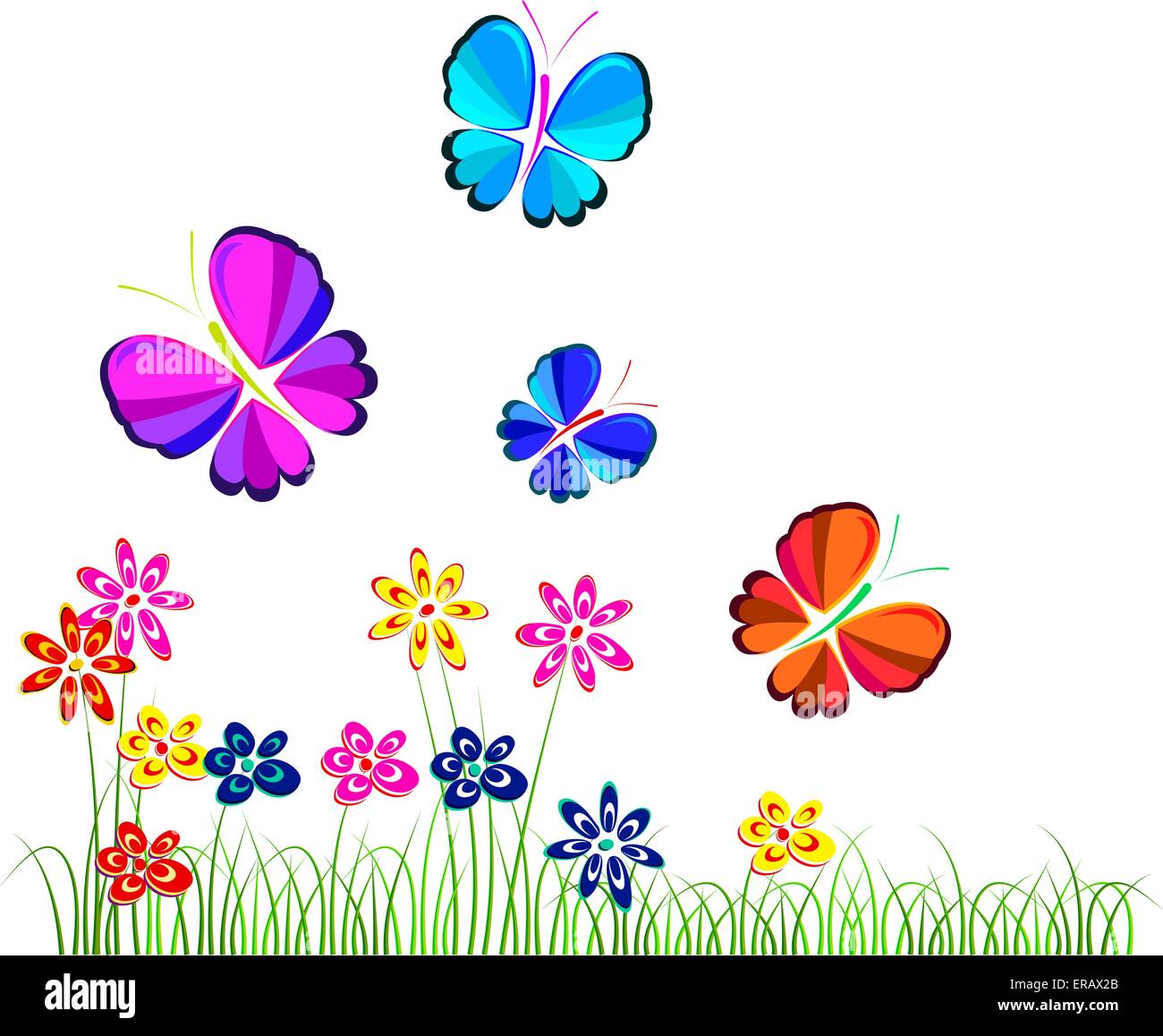 Fiori e farfalle su bianco, illustrazione, vettore Illustrazione Vettoriale