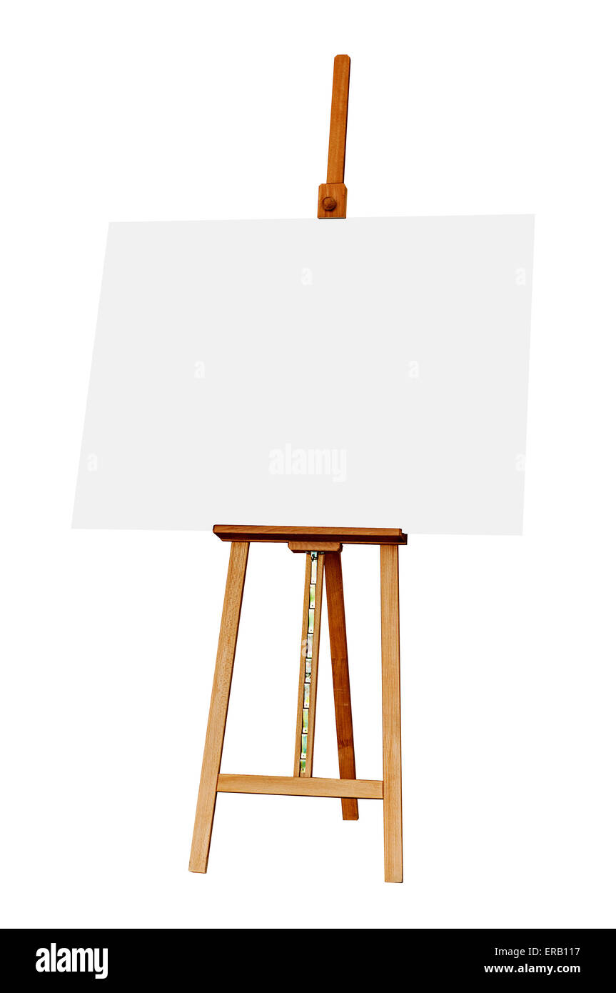 Cavalletto in legno con vuoto per la pittura come copia di spazio per Mock up isolati su sfondo bianco Foto Stock