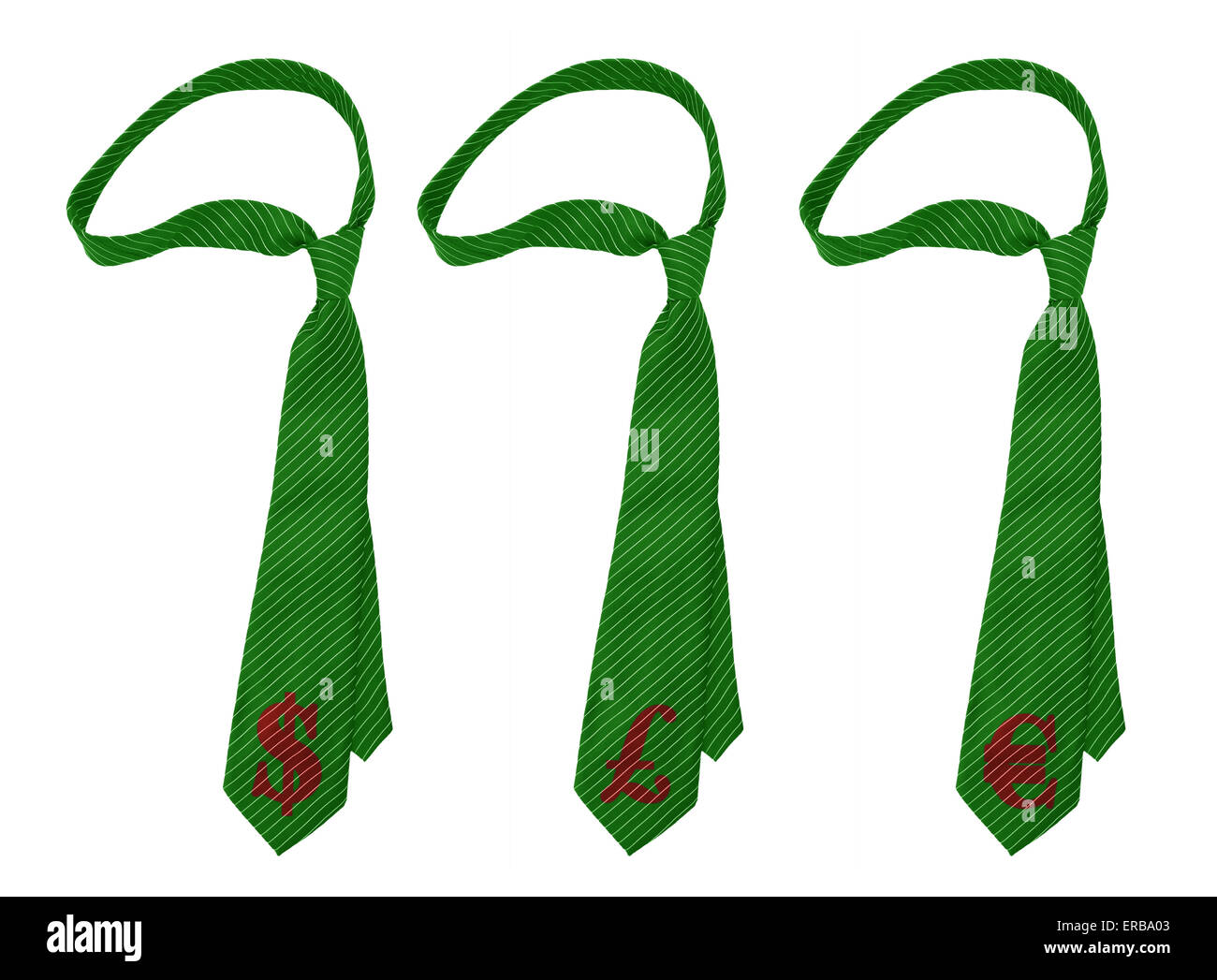 Ecofriendly business, inseguendo il verde dollaro / sterlina / euro. Cravatte isolato su bianco. Foto Stock