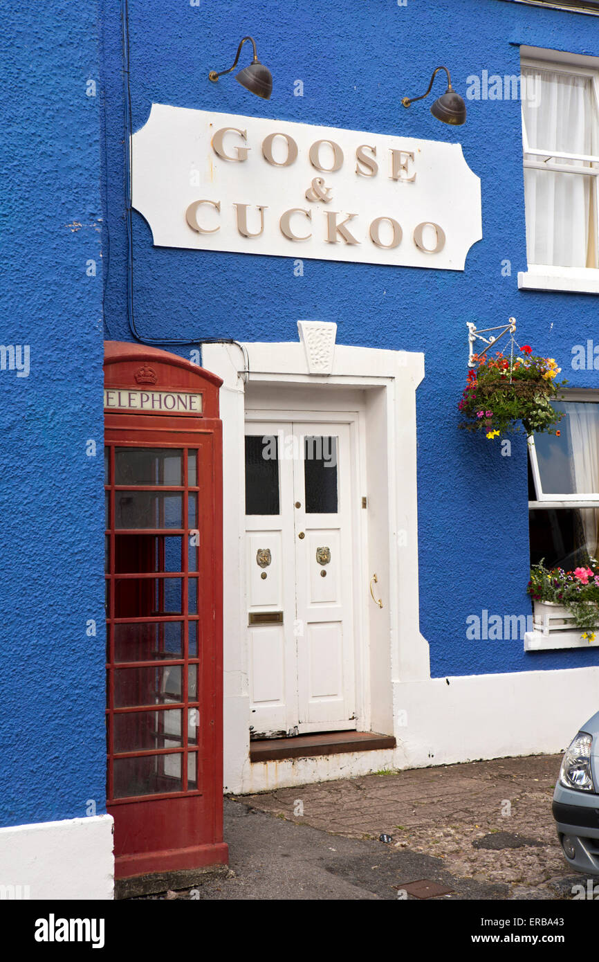 Il Galles, Carmarthenshire, Llangadog, Church Street, K6 casella telefono al di fuori di oca e il cuculo pub Foto Stock