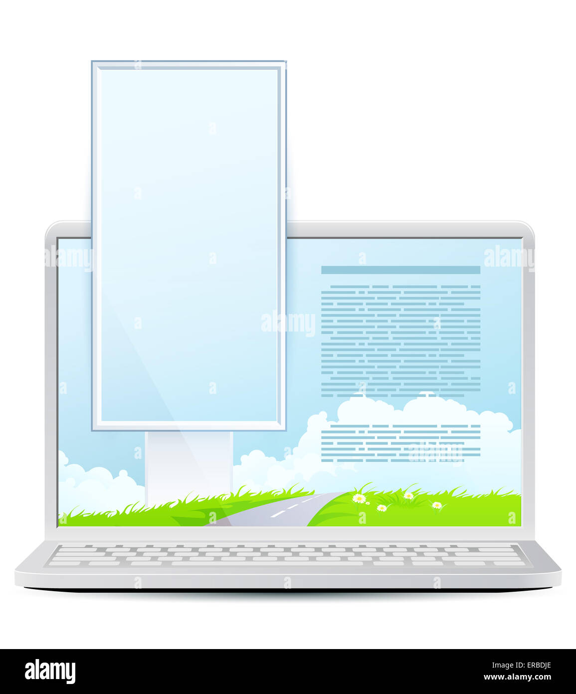 Computer portatile con verde paesaggio e Billboard verticale isolato su sfondo bianco Foto Stock