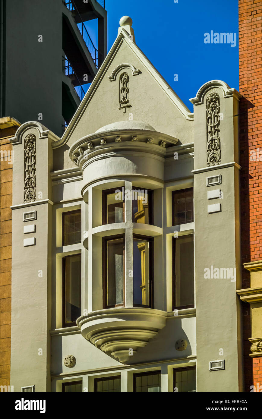 Close up di architettura vittoriana, oriel window, Melbourne Australia Foto Stock
