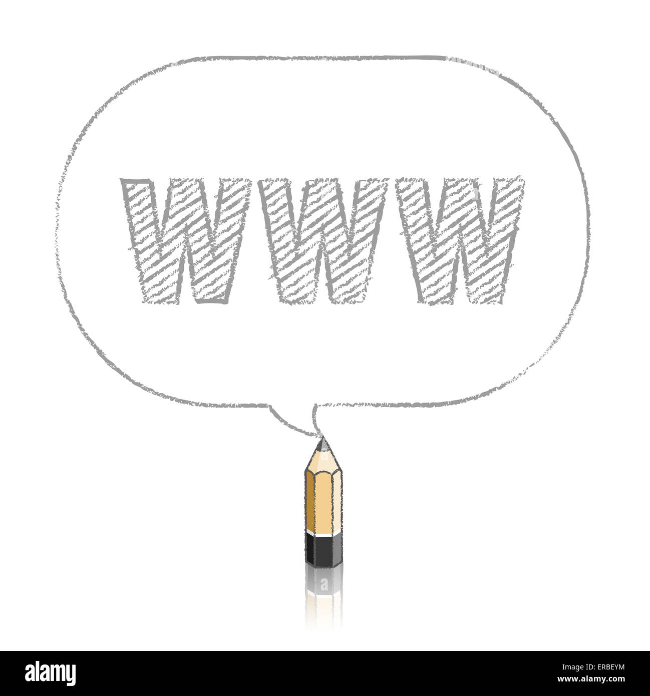 In legno matita piombo con disegno di riflessione in tutto il mondo di Web acronimo in oblungo arrotondati discorso bolla su sfondo bianco Foto Stock