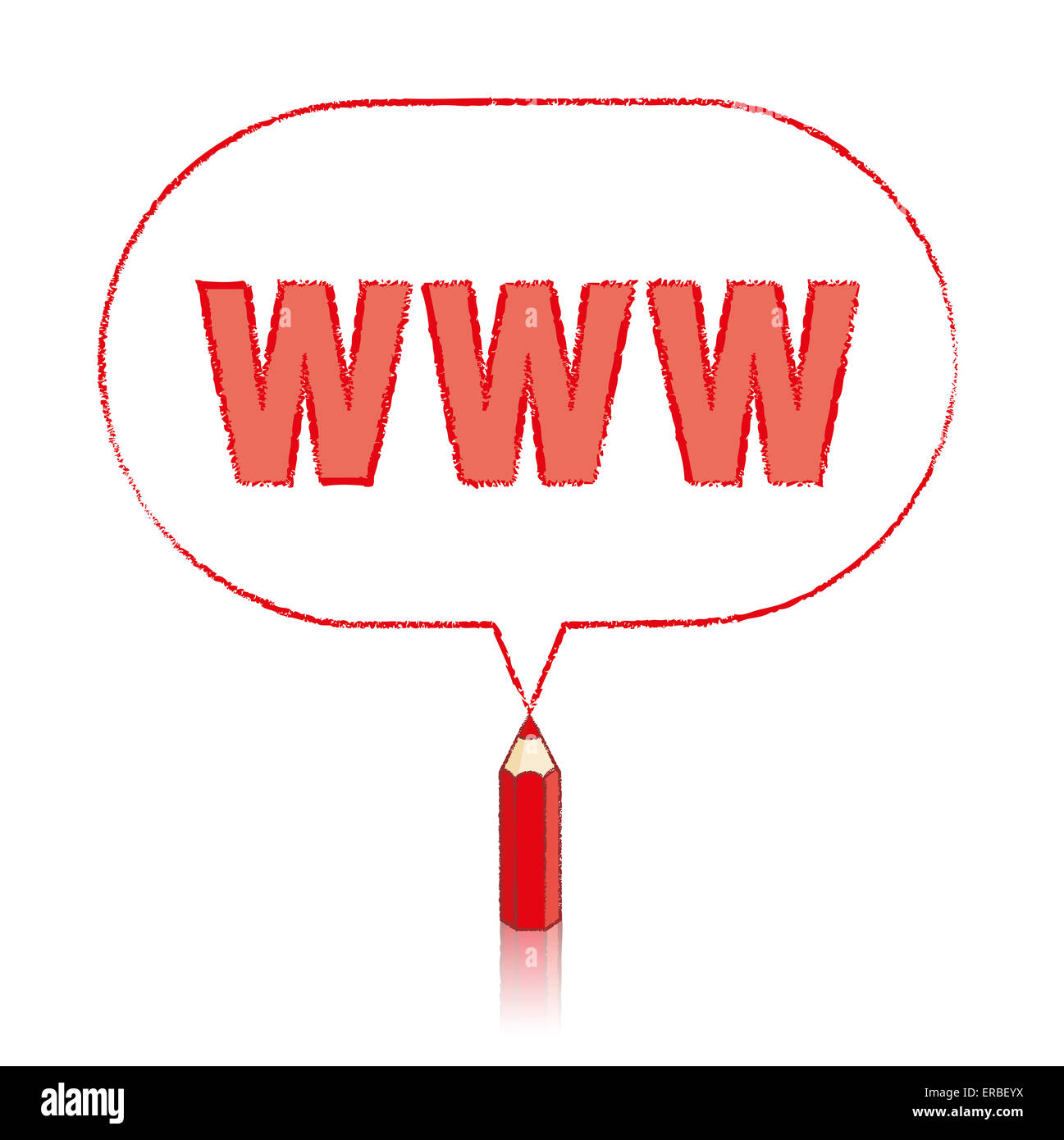 Matita rossa con disegno di riflessione in tutto il mondo di Web acronimo in oblungo arrotondati discorso bolla su sfondo bianco Foto Stock