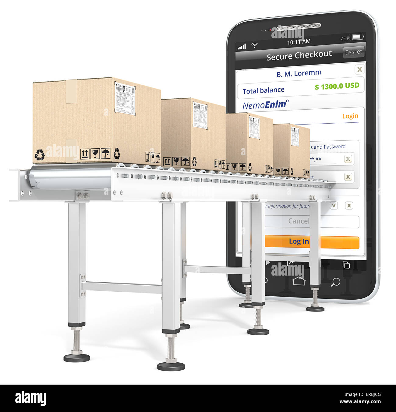 Convogliatore industriale con scatole di cartone collegato allo smartphone. Pagina di checkout. Foto Stock