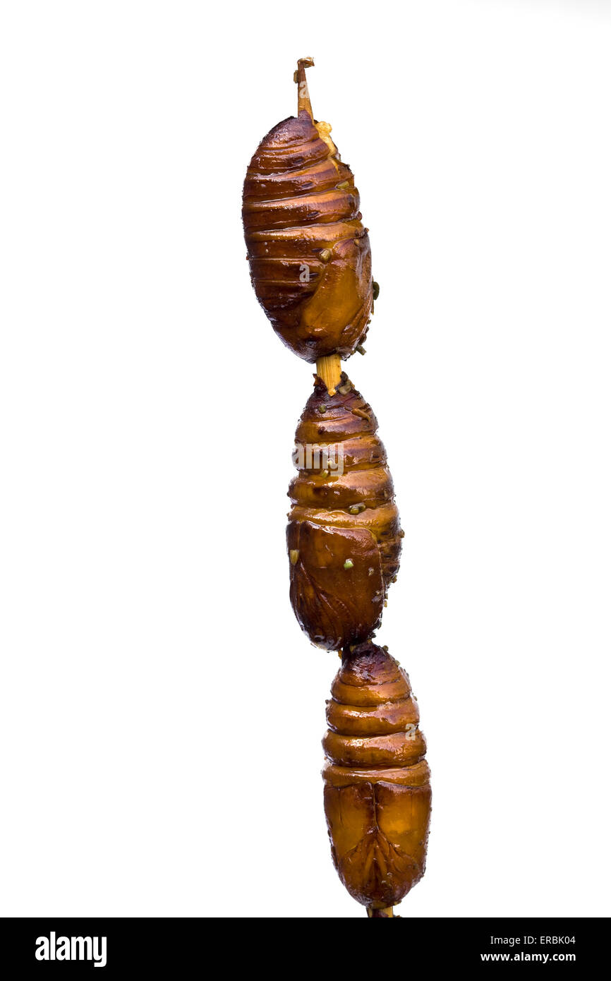 Larve cotte di bachi da seta al mercato notturno di Wangfujing Street Food Pechino Cina - un esempio dello strano o strano cibo mangiato dalle persone di tutto il mondo Foto Stock