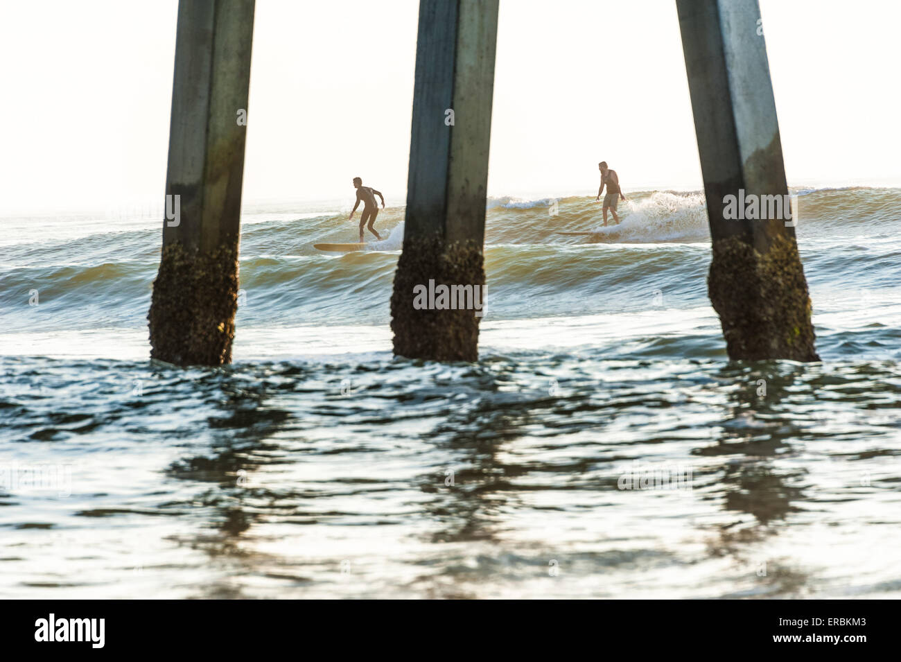 Sunrise surfers visto in sella ad una mattina presto si gonfiano tra Jacksonville Beach Pier palificazioni nella spiaggia di Jacksonville, Florida. Foto Stock