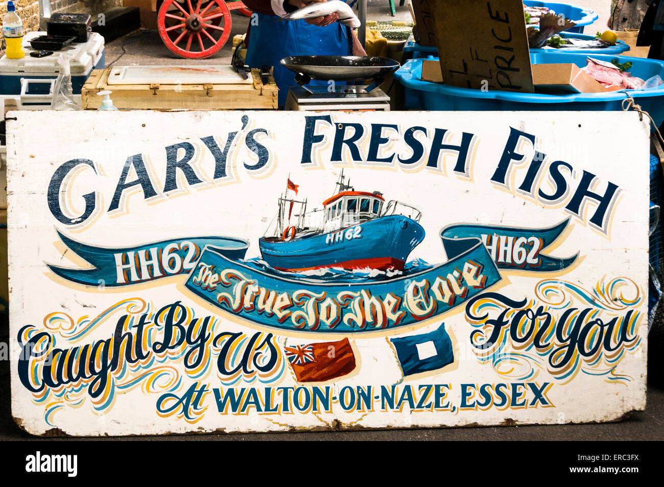 Vecchio cartello in legno per Gary's pesce fresco stallo a Borough Market, Londra Foto Stock