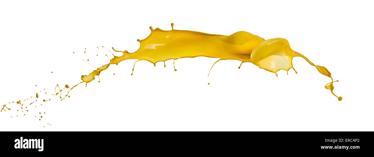 Spruzzi di vernice gialla isolato su sfondo bianco Foto Stock