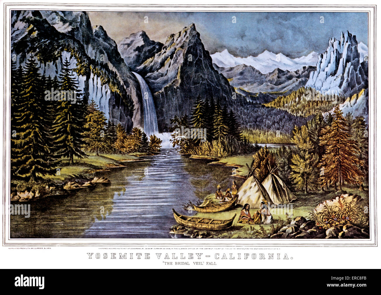 1860s Yosemite Valley in California - il velo nuziale WATERFALL - CURRIER & IVES LITOGRAFIA - 1866 Foto Stock