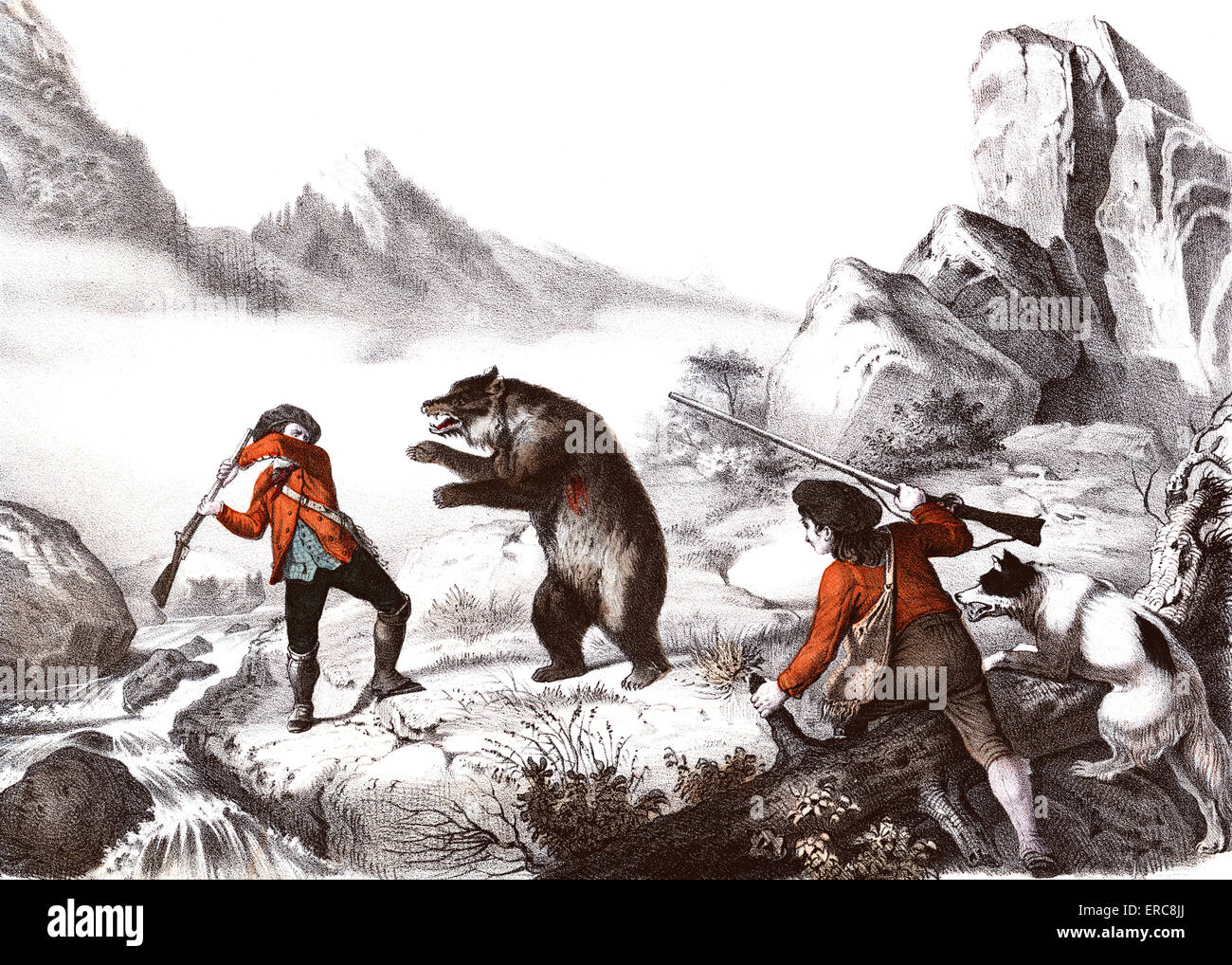 1700s feriti Bear attaccare l uomo con fucile FLINTLOCK secondo cacciatore e cane proveniente per assistere scena della montagna Foto Stock