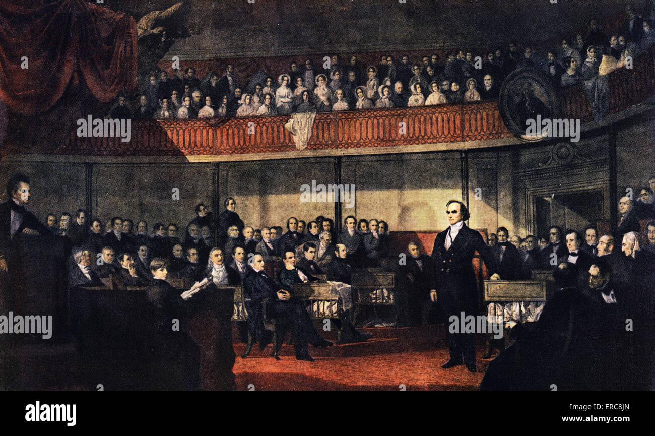 1800s 1830 Daniel Webster risponde al senatore Robert HAYNE offrire un ottimo discorso sul sindacalismo e nazionalismo Foto Stock