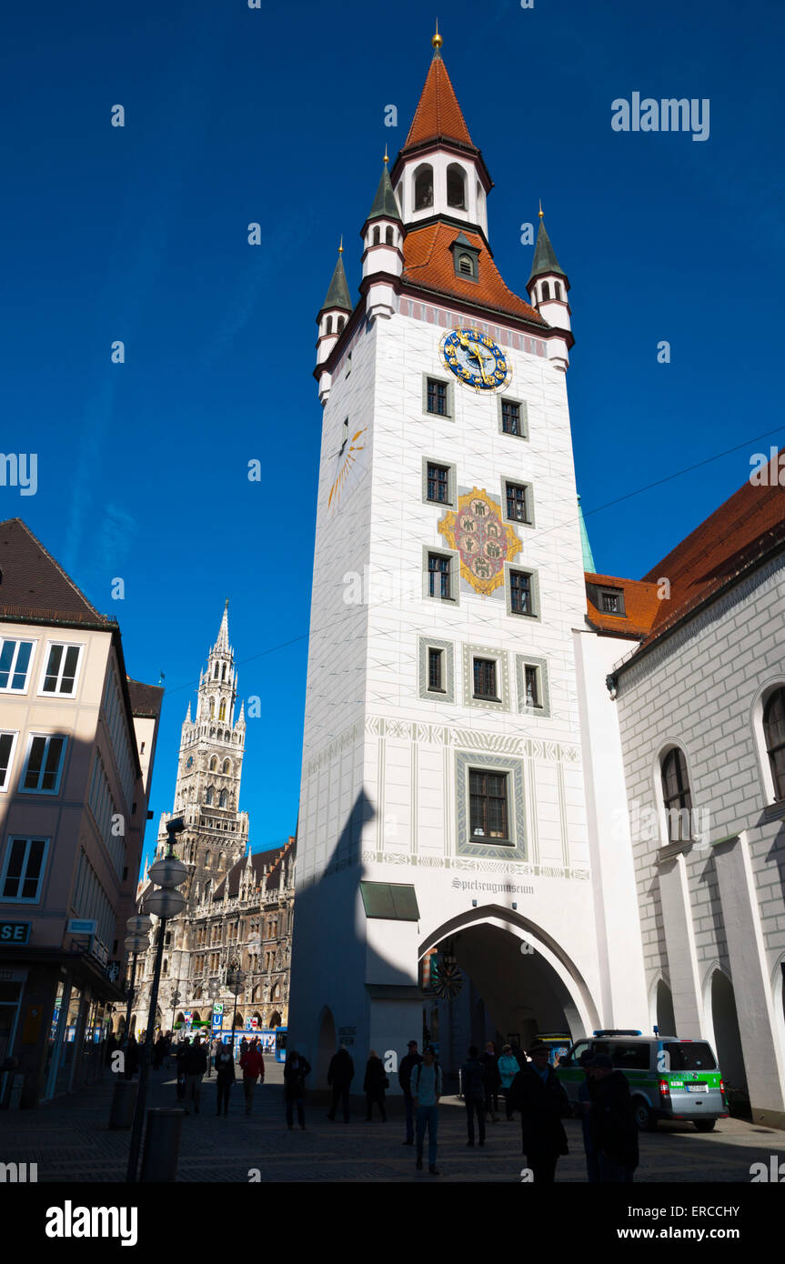 Altes Rathaus e Neues Rathaus turm, nuovo e vecchio municipio torri, Altstadt, città vecchia, Monaco di Baviera, Germania Foto Stock