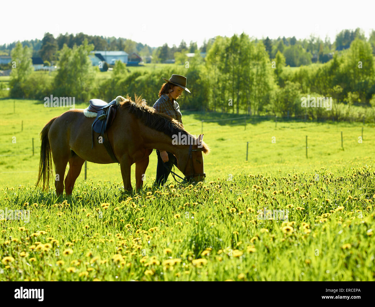 Cowgirl e pony insieme, soleggiata bellissima giornata estiva Foto Stock