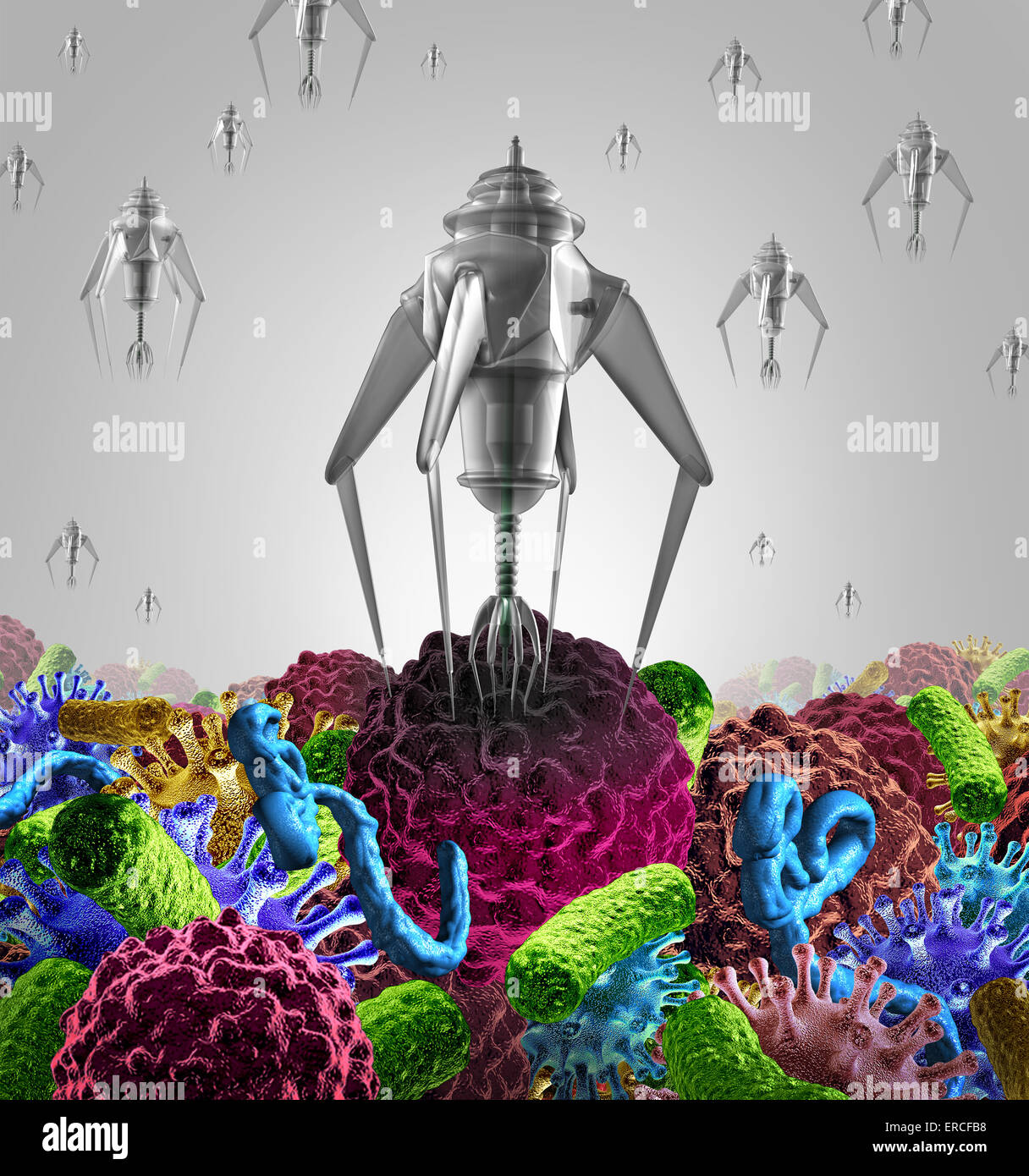 La nanotecnologia la terapia medica il concetto di medicina come un gruppo di microscopici nano robot o nanobots programmata per uccidere una malattia come il cancro virus letale e cellule di batteri o di malattia umana come un avveniristico health care curare il simbolo. Foto Stock