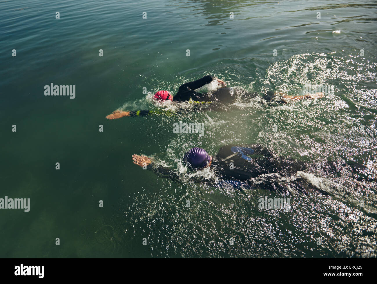 Vista di nuotatori in acqua. Triathlon ai partecipanti la pratica per nuotare evento. Foto Stock