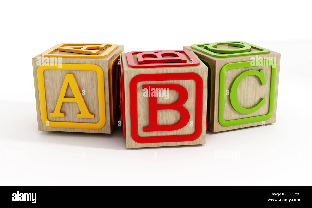 Blocchi di giocattolo con le lettere A, B e C isolata su bianco Foto Stock