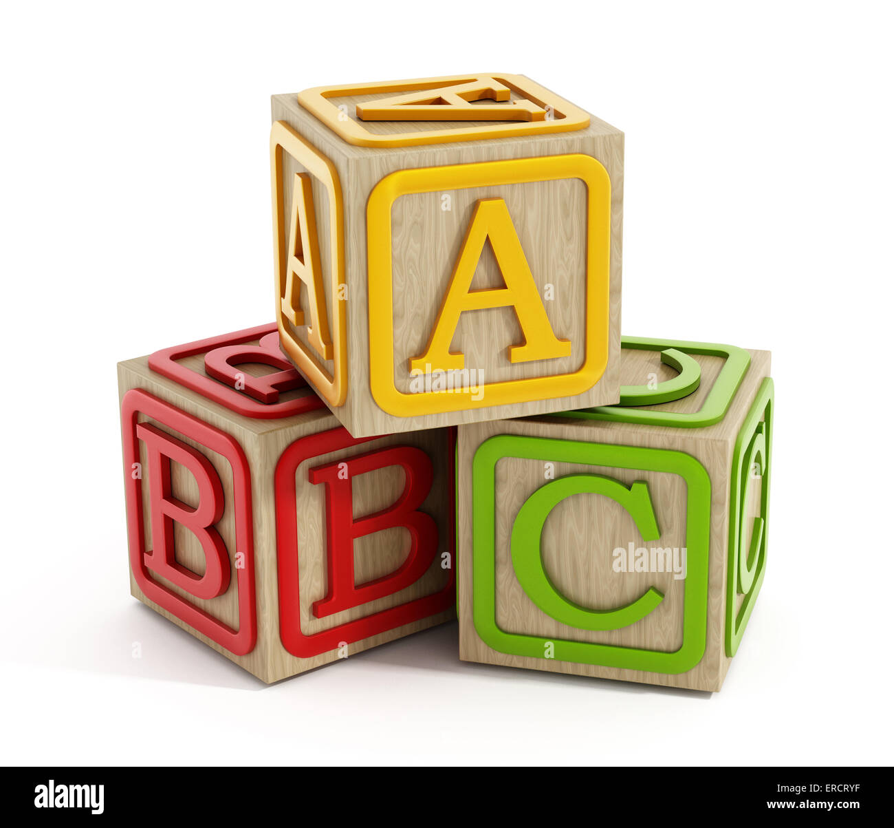 Blocchi di giocattolo con le lettere A, B e C isolata su bianco Foto Stock