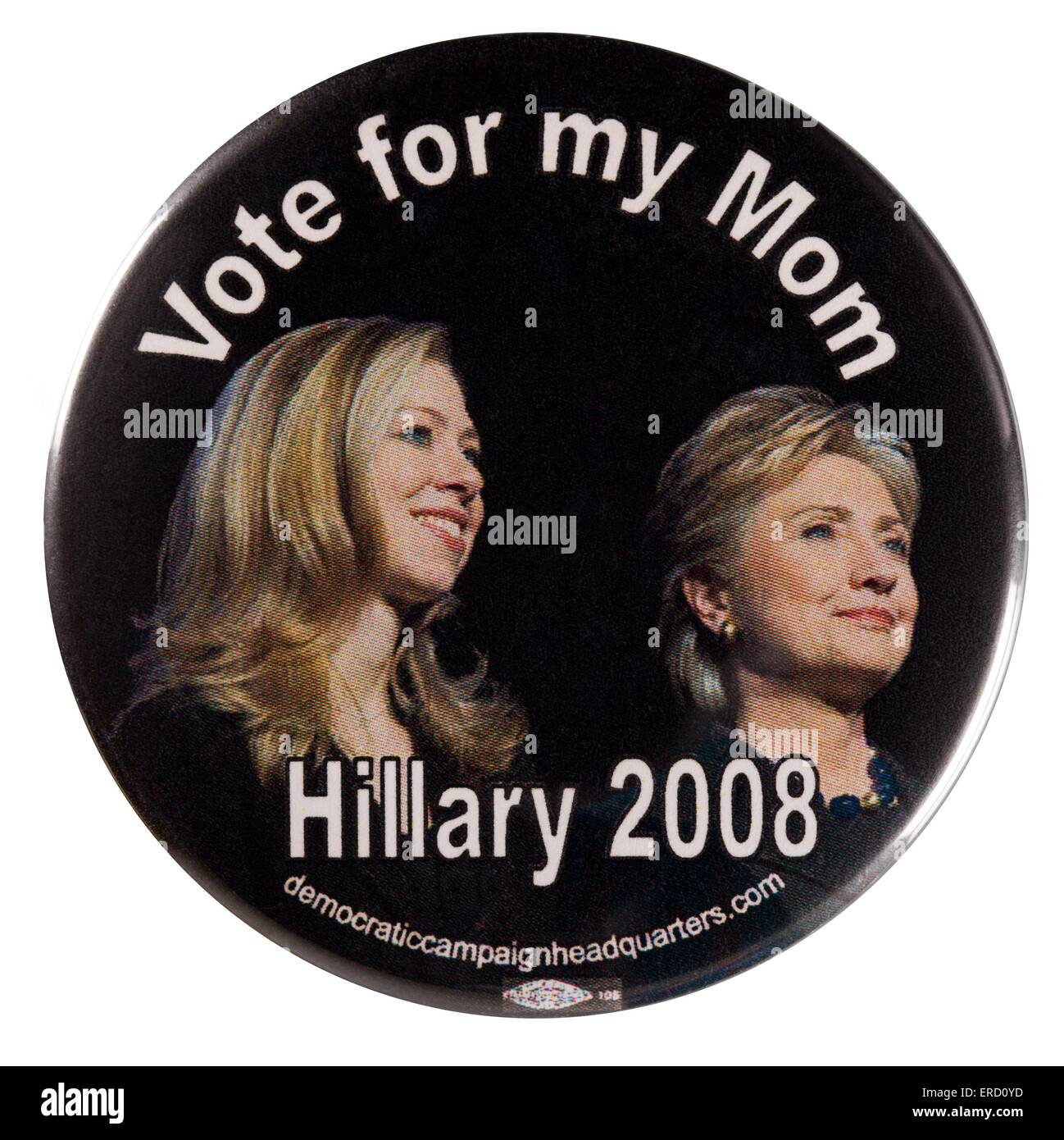 Un 2008 Hillary Rodham Clinton Stati Uniti elezioni presidenziali campagna primario perno a pulsante con lo slogan, "voto per mia mamma" Foto Stock