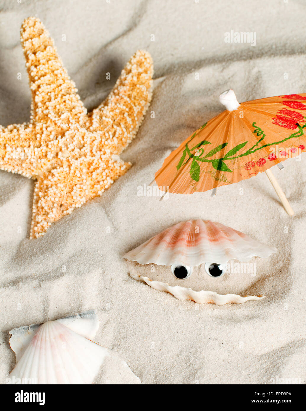 Aprire il seashell su una spiaggia con simpatiche occhi Foto Stock