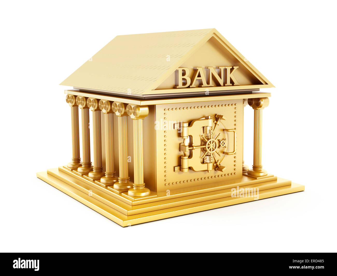 Banca d'oro edificio isolato su bianco. Foto Stock