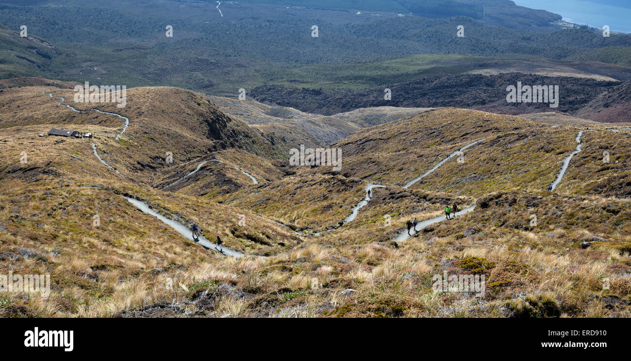 Sentiero di avvolgimento giù le pendici del monte Tongariro sul Tongariro Alpine Crossing nell Isola del nord della Nuova Zelanda Foto Stock