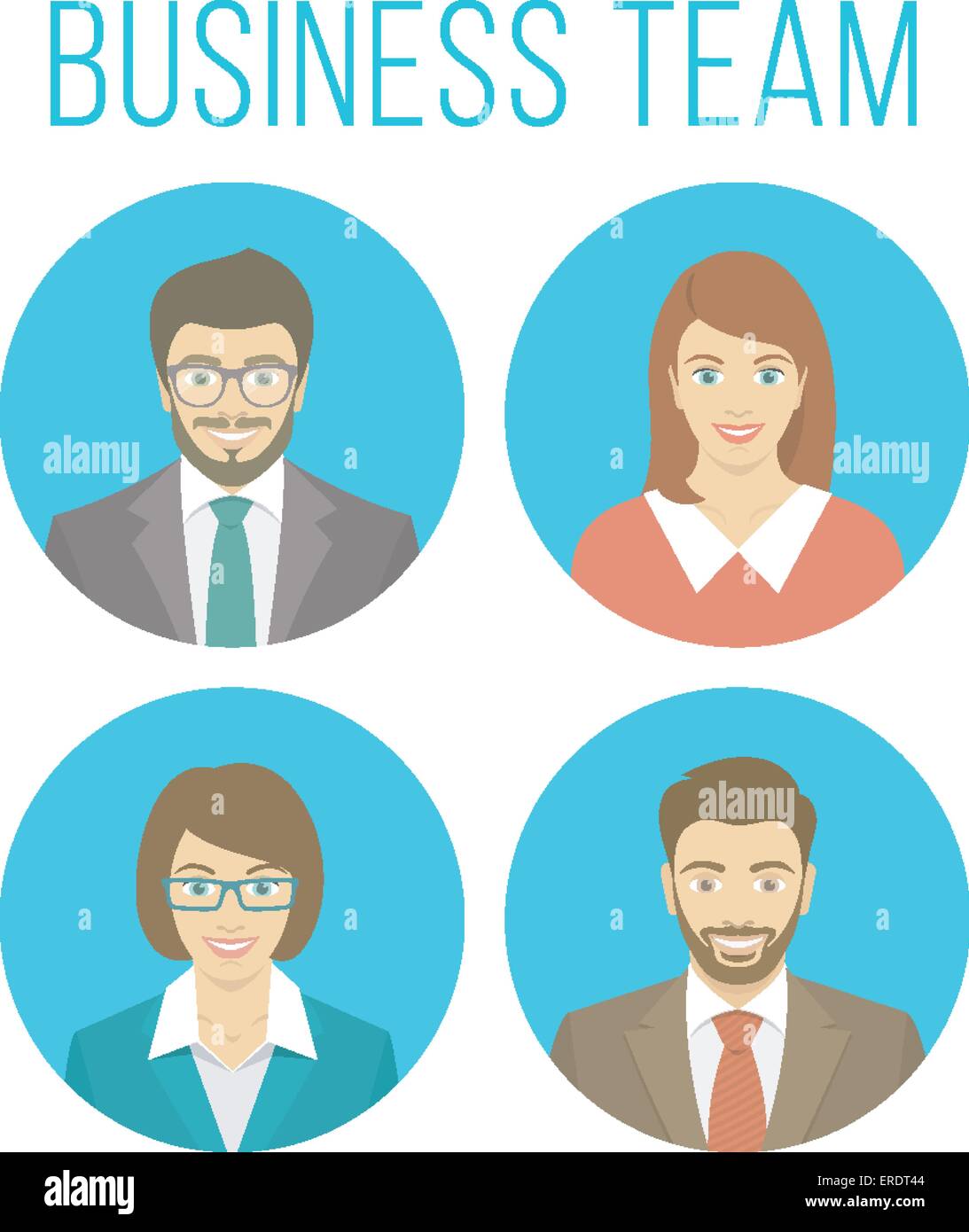 Set di appartamento moderno vettore rotonda avatar di gente di affari, le donne e gli uomini in abiti aziendali. Ritratti di sorridere i giovani adulti Illustrazione Vettoriale