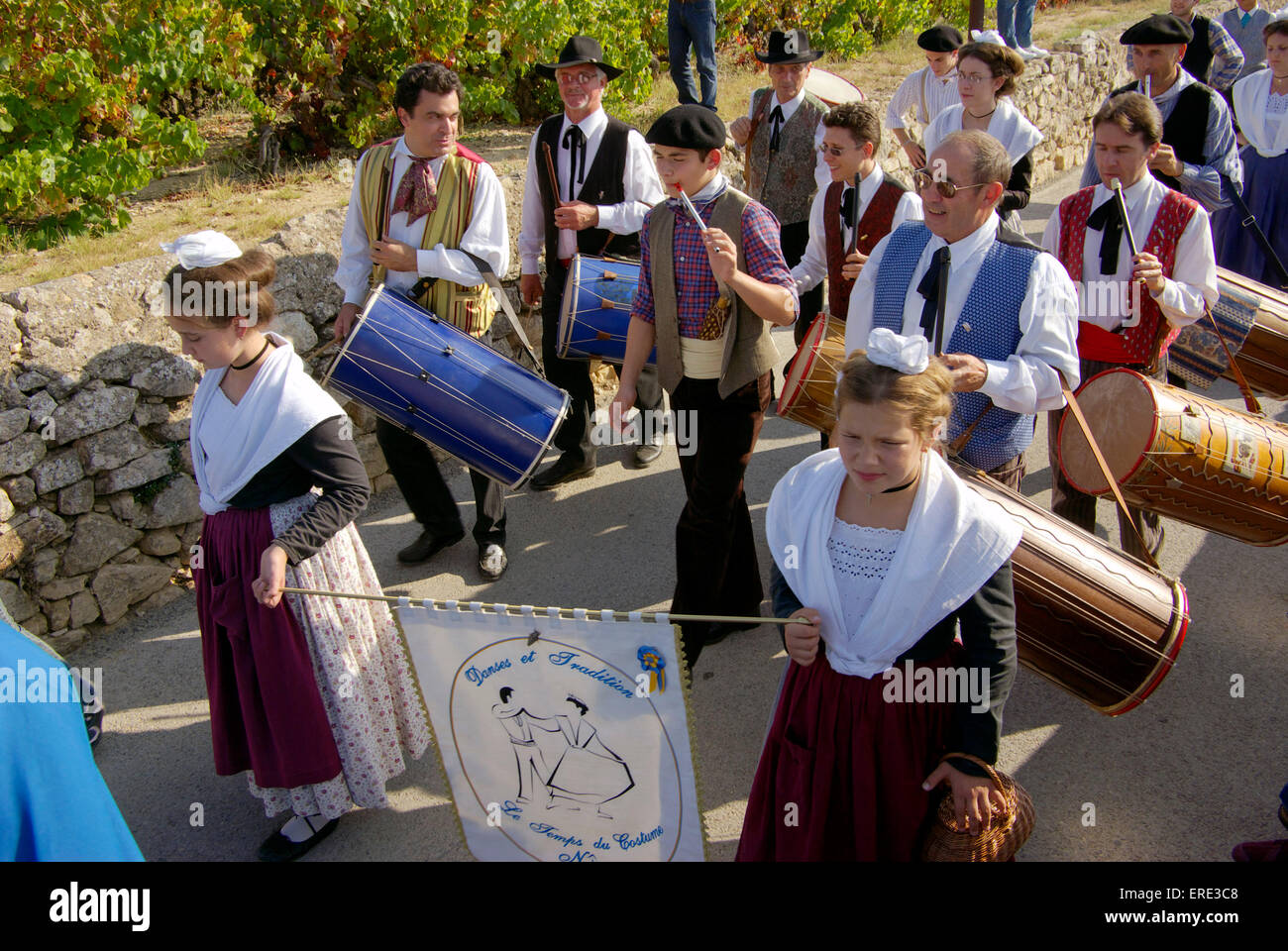 Un gruppo di musicisti provenzale in costume in marcia avanti ad una vigna durante la vendemmia celebrazioni nel villaggio di Foto Stock