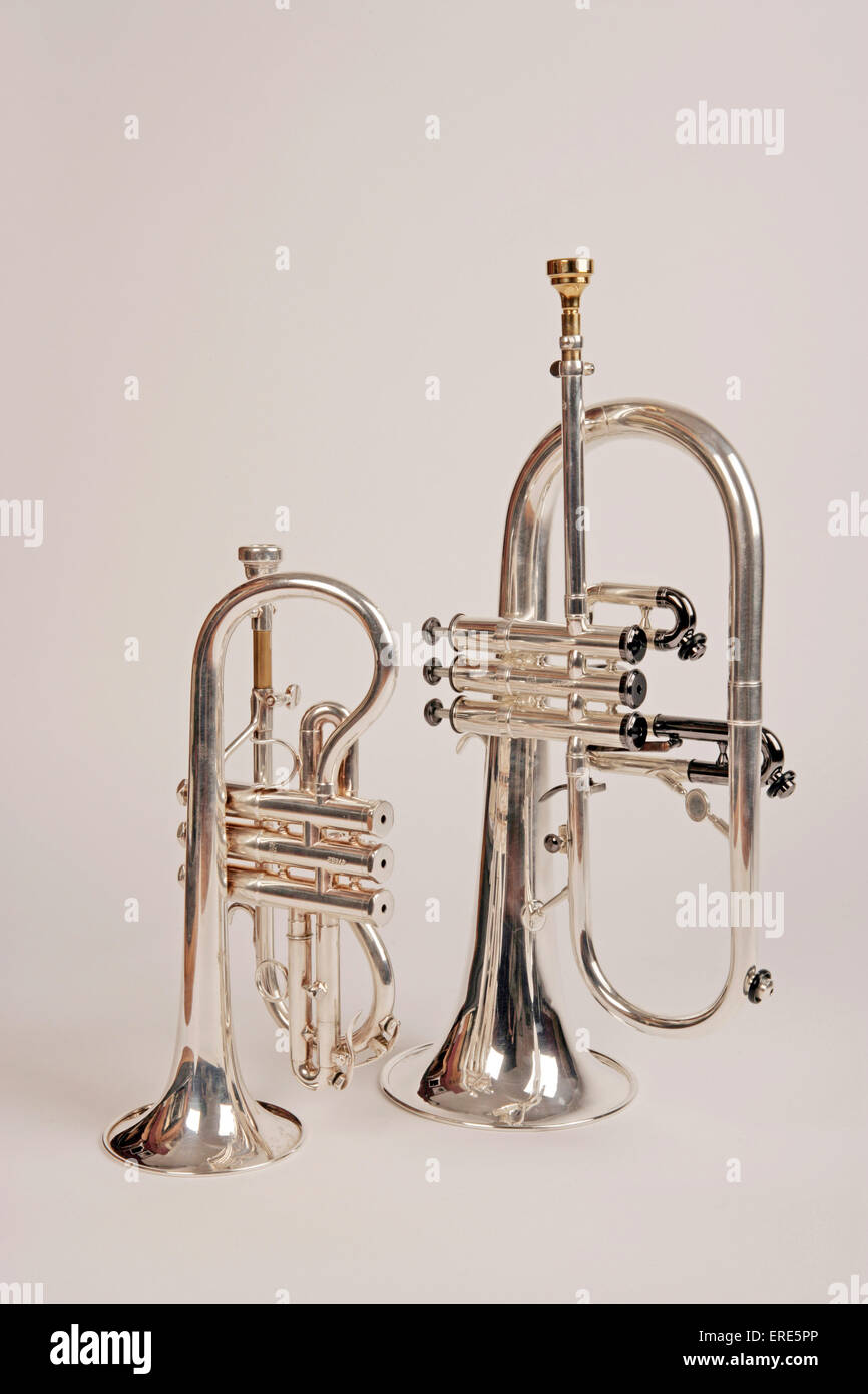 Soprano Cornet e un flicorno. Brass Band Instruments, argento Band Instruments Foto Stock