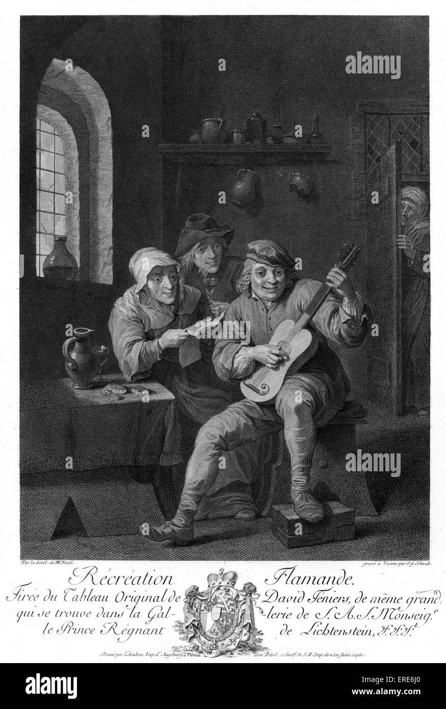 Récréation Arendonk' con il chitarrista, 17 ° secolo. Scena musicale, da Jean Gaspard Schwab (Johann Schwab) dopo un dipinto di David Teniers e sotto la direzione di M. Fanti (Vincenzio fanti). Dalla collezione del principe Régnant del Lichtenstein. Donne par l'Academ., imp. d'Augsburg a Vienne avec Privil. exclusif de S.M. Imp. de n'en faire copie. Foto Stock