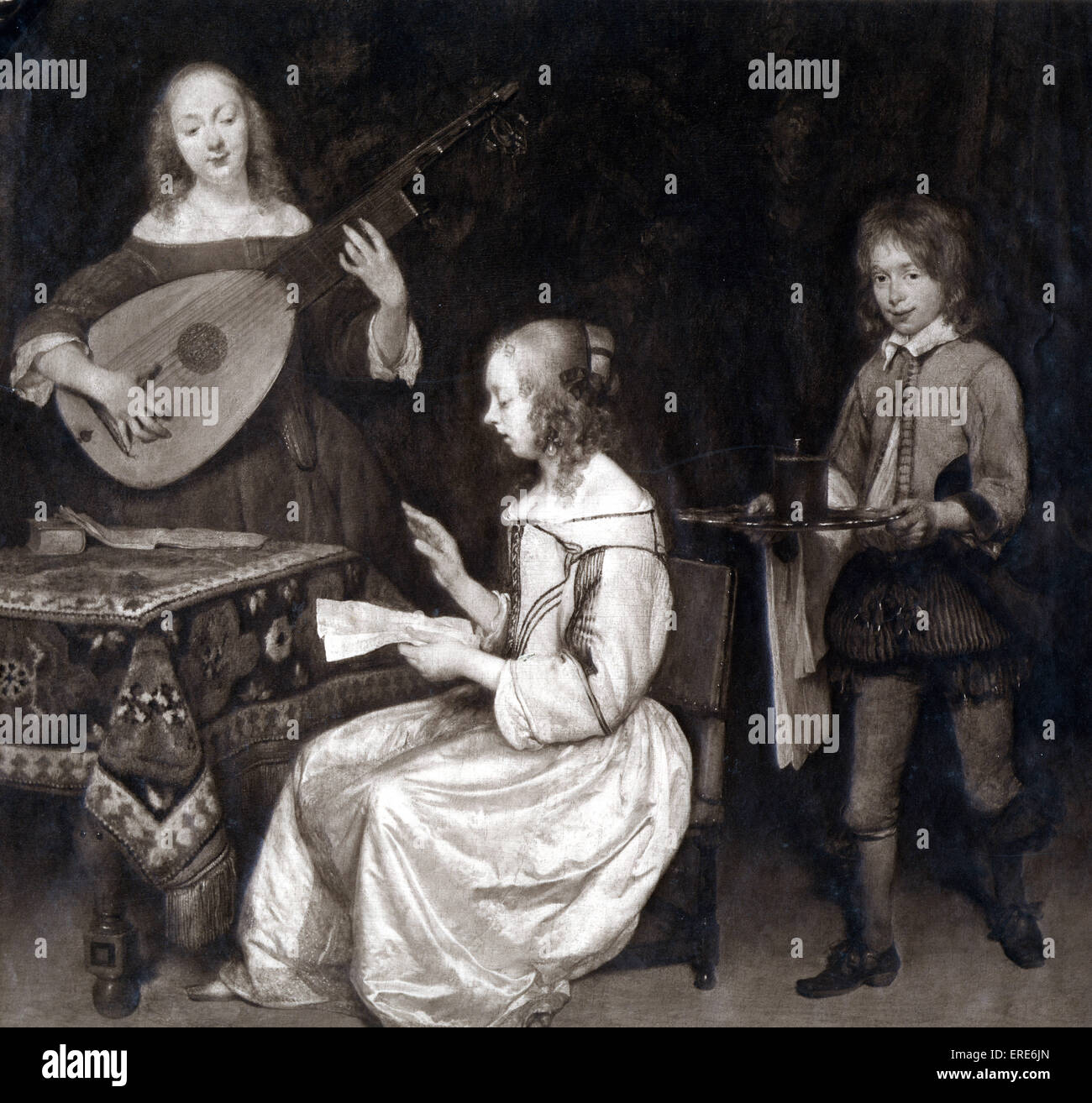 Scena musicale: riproduzione fotografica di un dipinto di Gerard ter Borch di due donne, un cantante e un liutista, eseguendo in un nazionale di impostazione. Foto Stock