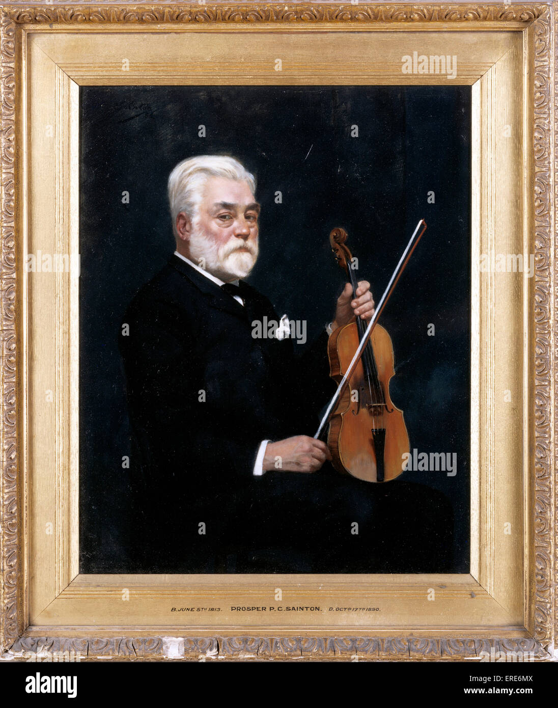 Prosper (Philippe Catherine) Sainton tenendo il suo violino e la prua, olio su tela, artista sconosciuto. Il violinista francese 5 Giugno 1813 - 17 ottobre 1890. Foto Stock